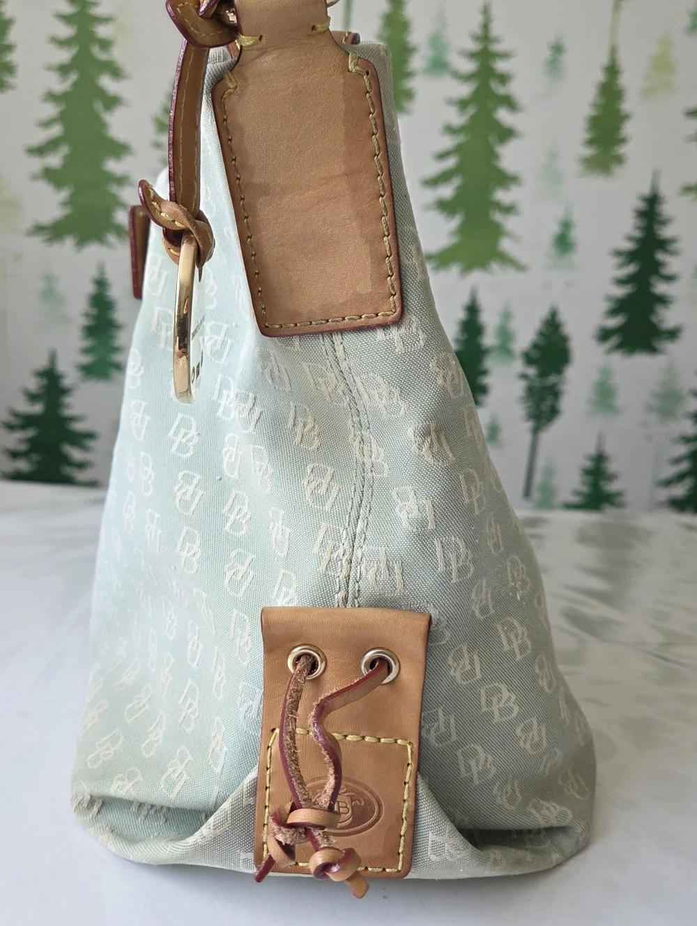 Dooney & Bourke Light Green Satchel with Tan Trim and Gold Hardware